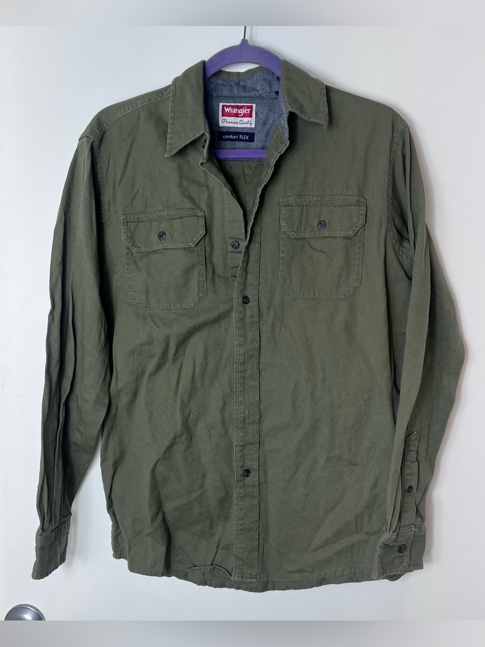 Wrangler Olive Green Button Up Work Comfort Flex Long Sleeve Small Mens